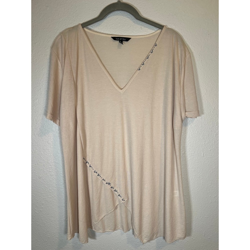 Yak & Yeti V-Neck Asymmetrical Top L Peach Hand Stitched Nepal Minamalist Earthy
